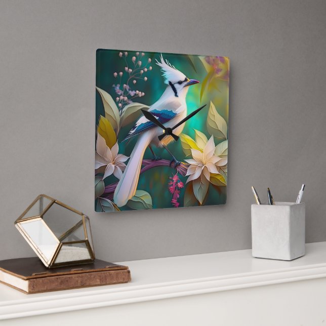 Horloge Carrée White Tufé Turquoise Wing Jay Imaginaire Bird (Bureau)
