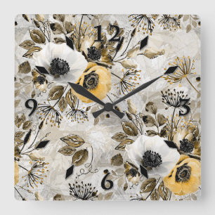 Horloge Carrée White, yellow anemones on a gray-brown background.