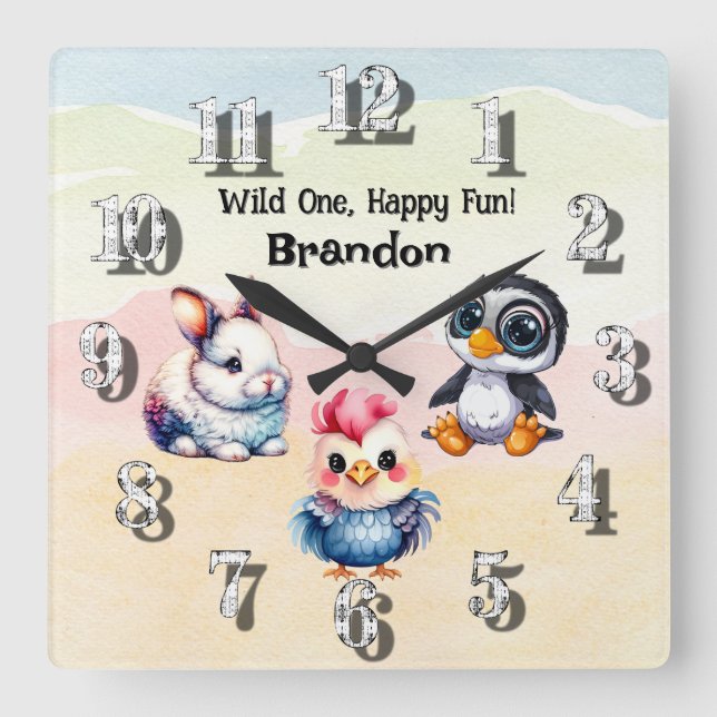 Horloge Carrée Wild One Happy Fun Woodland Animaux Aquarelle (Recto)