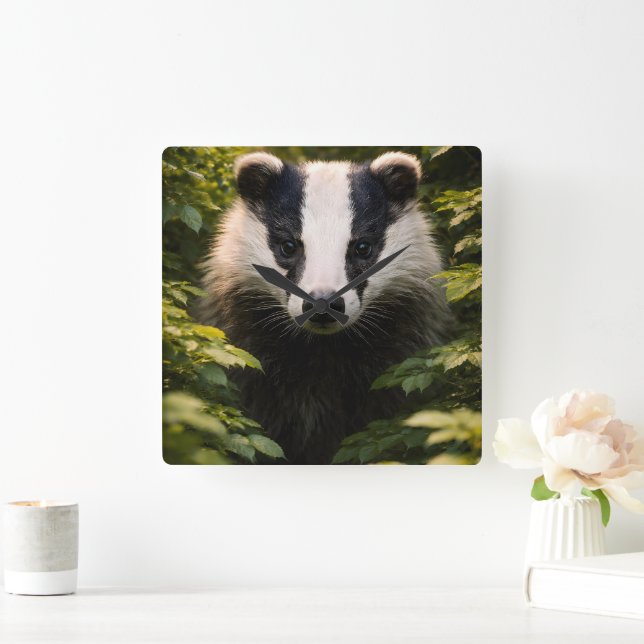 Horloge Carrée Wild watcher, Majestic British badger Square wall  (Maison)