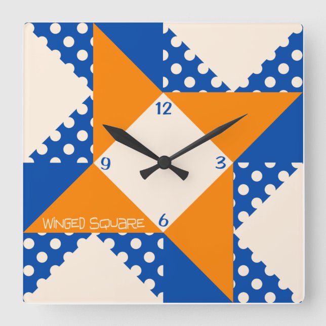 Horloge Carrée Winged Square- Blue & Orange (Recto)