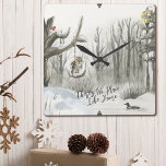 Horloge Carrée Winter Landscape's No Place Like<br><div class="desc">Winter Landscape wall clock,  lettered with "There's No Place Like Home" in trendy script typographiy. This rustic country design has a watercolor scene of a snowy woodland path,  a lake with a duck,  a robin and an owl on the tree swing.</div>