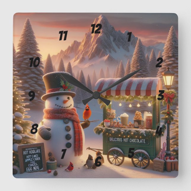 Horloge Carrée Winter Wonderland Snowman's Hot Chocolate Cart (Recto)