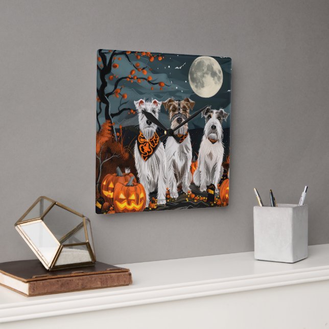 Horloge Carrée Wirefox Terrier Halloween Éffrayant (Bureau)