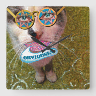 Horloge Carrée Wise Cat yeux humains sourire et lunettes amusante