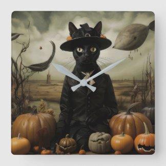 Horloge Carrée Witch Cat with Pumpkins