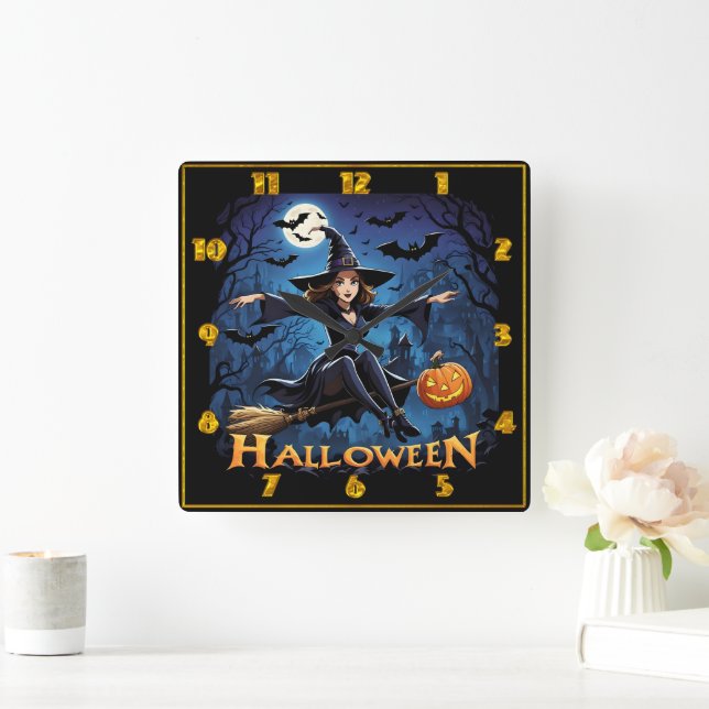 Horloge Carrée Witch survole la ville hantée d'Halloween (Maison)