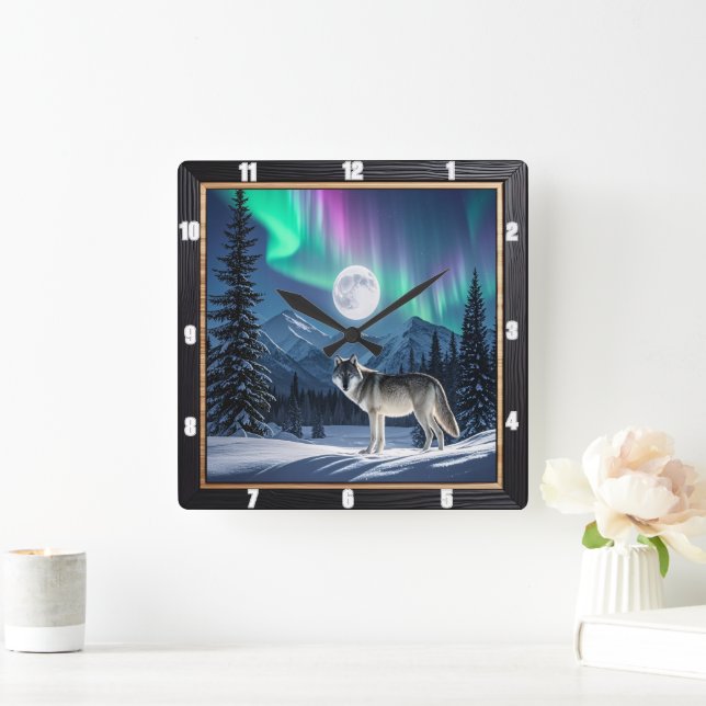 Horloge Carrée Wolf Aurora Borealis Faune (Maison)