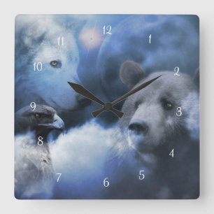 Horloge Carrée Wolf Bear and Eagle Native American