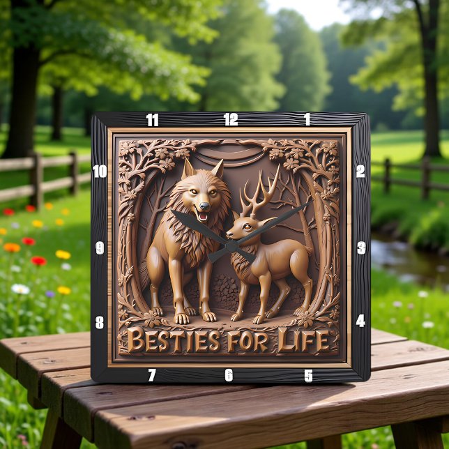 Horloge Carrée Wolf Deer Pair Wood Carving (Créateur téléchargé)