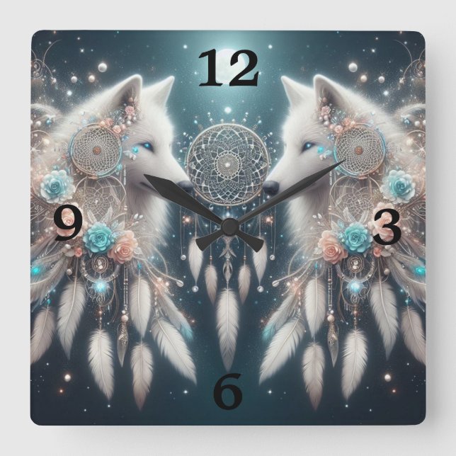 Horloge Carrée Wolf et Dreamcatchers de style bohémien (Recto)