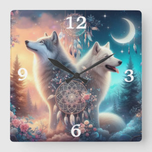 Horloge Carrée Wolf et Dreamcatchers de style bohémien