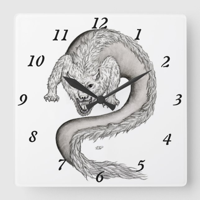 Horloge Carrée Wolfdragon design noir et blanc (Recto)