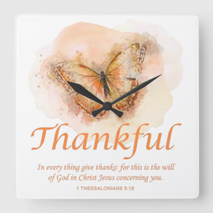 Horloge Carrée Women's Christian Butterfly Bible Vers : Thankful 