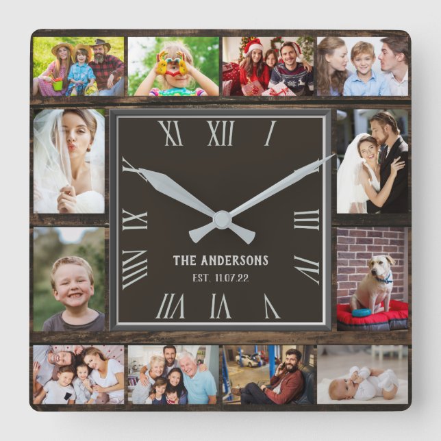 Horloge Carrée Wooden 12 family photo collage roman (Recto)