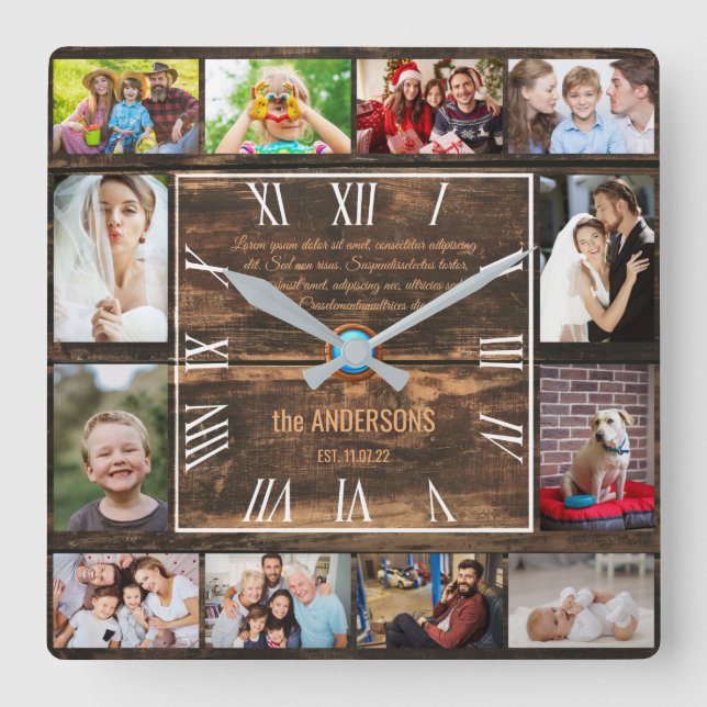 Horloge Carrée Wooden 12 family photo collage roman numerals squ (Recto)