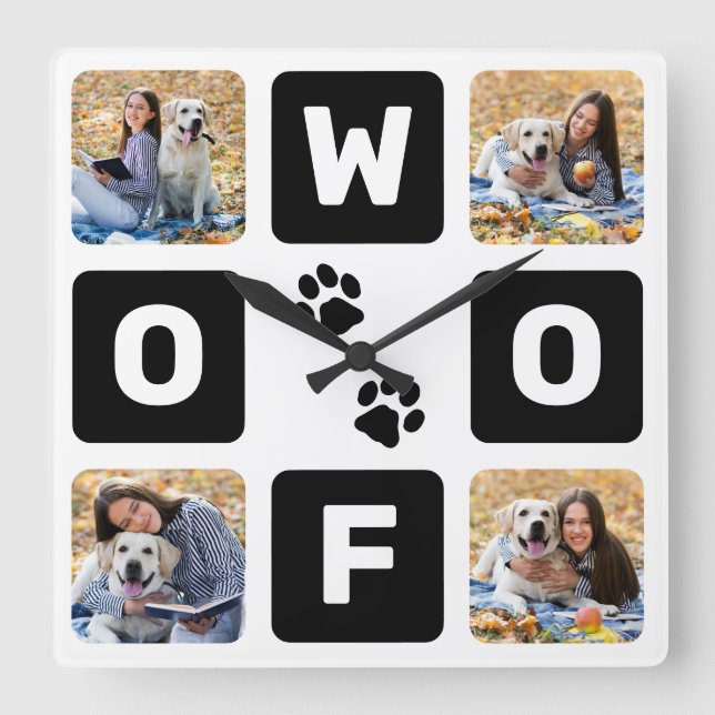 Horloge Carrée Woof Paw Prints Pet Dog Lover Photo Square Wall Cl (Recto)