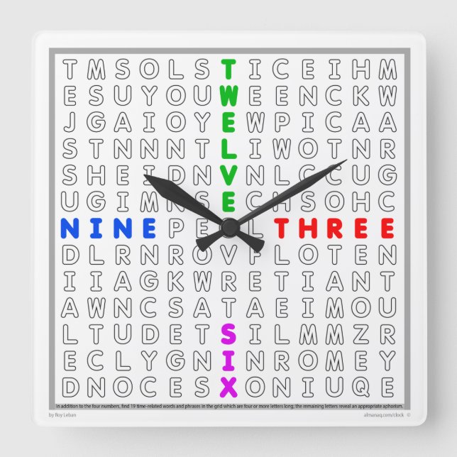 Horloge Carrée Word Search Clock, downloadable puzzle (color) (Recto)
