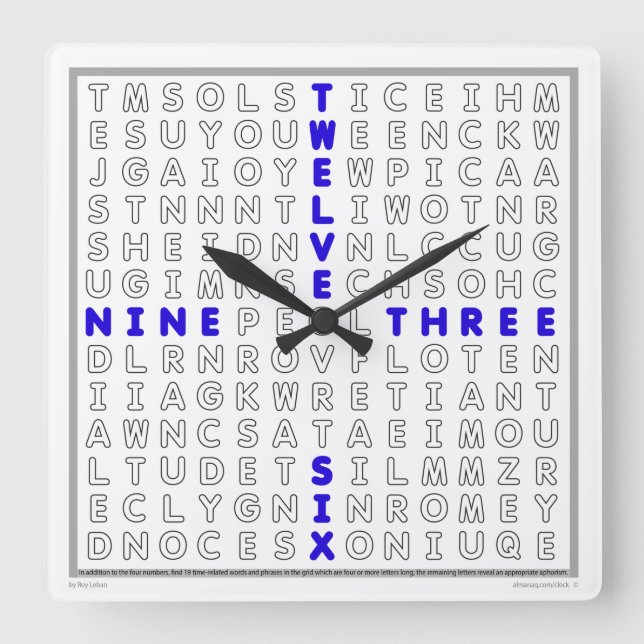Horloge Carrée Word Search Clock with downloadable puzzle (blue) (Recto)
