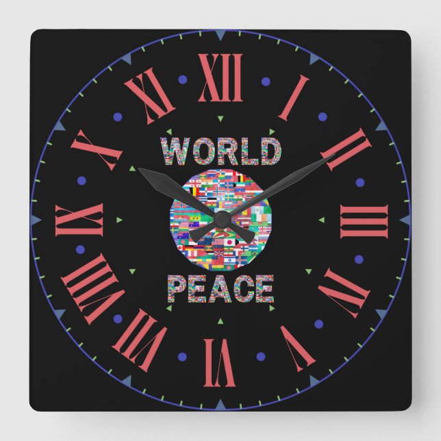 Horloge Carrée World Peace Flag Collection Numéros romains (Recto)