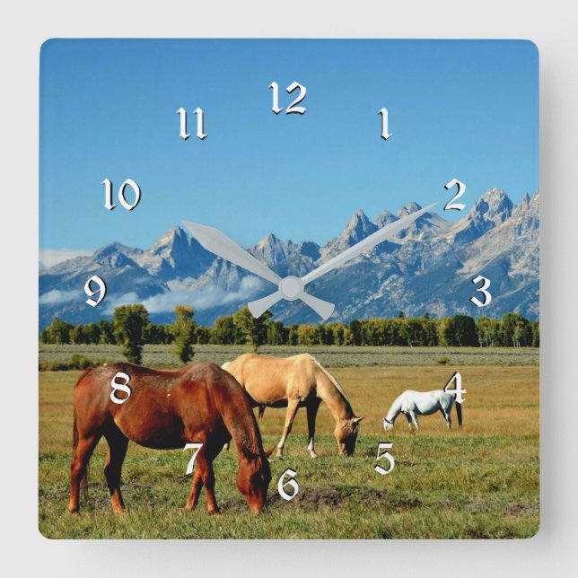Horloge Carrée Wyoming, Teton Mountains, avec Horses Grazing (Recto)