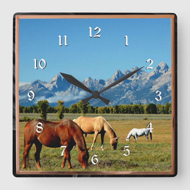 Horloge Carrée Wyoming, Teton Mountains, avec Horses Grazing (Recto)
