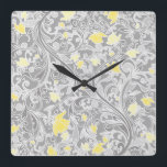 Horloge Carrée Yellow and Gray Swirly Floral<br><div class="desc">Pretty est une espèce de girly floral pattern featuring elegant pastel gray swirls and yellow and gold flowers intertwined on a darker gray background.</div>