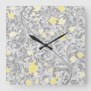 Horloge Carrée Yellow and Gray Swirly Floral