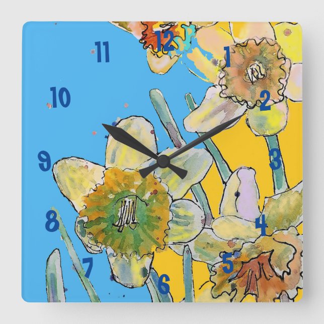 Horloge Carrée Yellow Daffodil Watercolour Womans Office Clock (Recto)