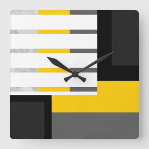 Horloge Carrée Yellow Gray Black and White Striped Block