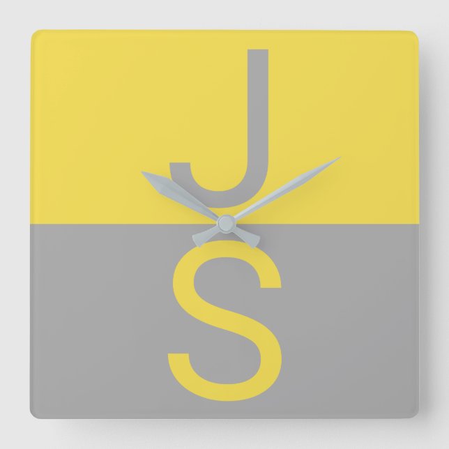 Horloge Carrée Yellow & Grey Modern Initials monogram (Recto)