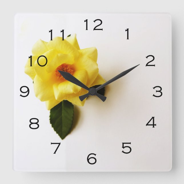 Horloge Carrée Yellow Rose On White Black Numbers (Recto)
