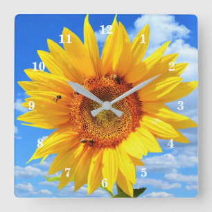 Horloge Carrée Yellow Sunflower and Bees on Blue Sky - Summer Day