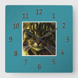 Horloge Carrée Yeux de chat Hypnotisant photo Turquoise encadrée
