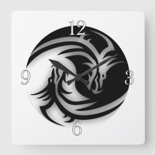 Horloge Carrée Yin and Yang Asian Dragons
