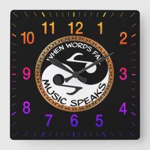 Horloge Carrée Yin Yang avec des mots de musique avec des chiffre