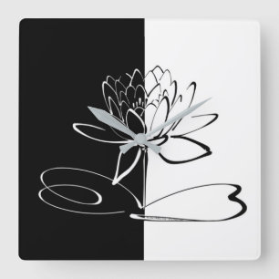 Horloge Carrée Yin Yang Fleur de Lotus Noir et Blanc