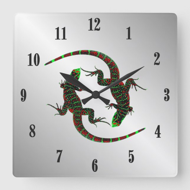 Horloge Carrée Yin Yang Lizards Silver Black Numéros (Recto)