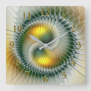 Horloge Carrée Yin Yang Vert Jaune Abstrait coloré Fractal