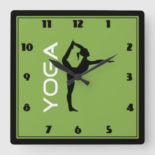 Horloge Carrée Yoga Pose Silhouette sur Arrière - plan vert