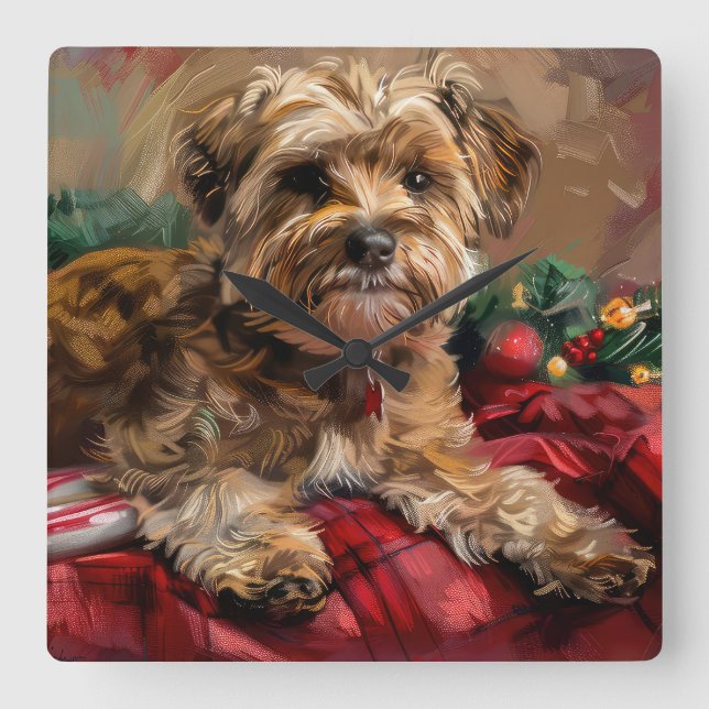 Horloge Carrée Yorkipoo Chien Fête de Noël (Recto)