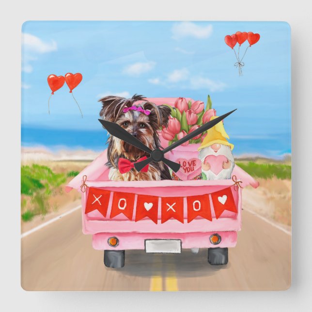 Horloge Carrée Yorkshire Terrier Chien Valentine's Day Coeurs Cam (Recto)