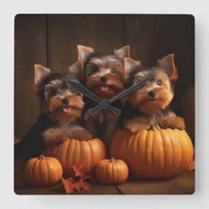 Horloge Carrée Yorkshire Terrier Chiot Automne Citrouille délice
