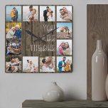 Horloge Carrée You are the One Quota 12 Photo Brown Wood<br><div class="desc">Photo clock with romantic quote and 12 of your favorite pictures. The photo template is set up for you to create your own grid photo collage to frame the quota reads "you are the one". The design is lettered in modern oversized print and casual script typographiy with a brown country...</div>