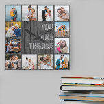 Horloge Carrée You are the One Quota 12 Photo Grey Wood<br><div class="desc">Photo clock with romantic quote and 12 of your favorite pictures. The photo template is set up for you to create your own grid photo collage to frame the quota reads "you are the one". The design is lettered in modern oversized print and casual script typographiy with a grey and...</div>
