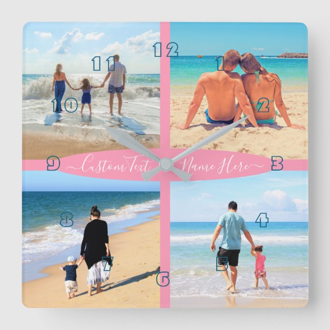 Horloge Carrée Your 4 Photo Collage Family Love Personalized Text (Recto)