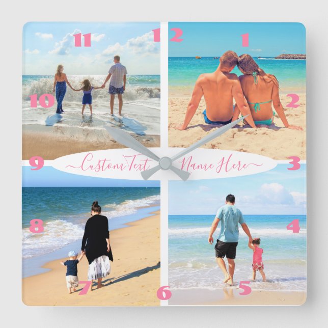 Horloge Carrée Your 4 Photo Collage Text (Recto)