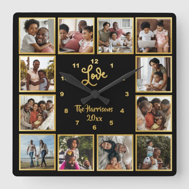 Horloge Carrée Your Own 12 Photo Collage Love Gold Black (Recto)