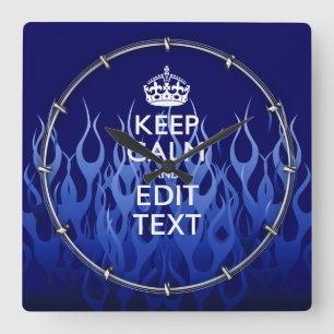 Horloge Carrée Your Text on Keep Calm on Navy Blue Racing Flames
