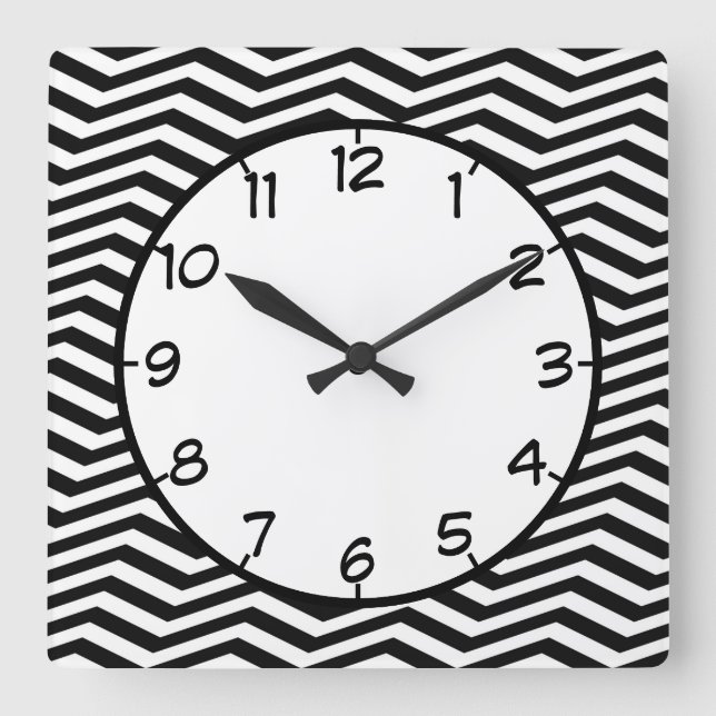 Horloge Carrée Zag Zag Zag blanc noir Chevron Motif de bande mode (Recto)